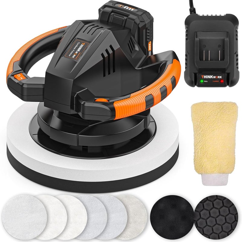 THINKWORK Buffer Polisher, 20V Cordless Buffer Polisher, 10 Inch Portable Polishing Machine Kit for Car, with 2Ah Rechargeable Battery, 6 Variable Speed 1500-3600RPM,Double handle,Ideal for Car Waxing - Image 1